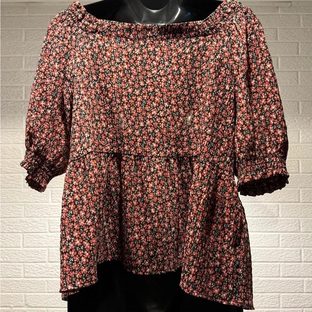 LOFT Black and Red Puff Sleeve Blouse